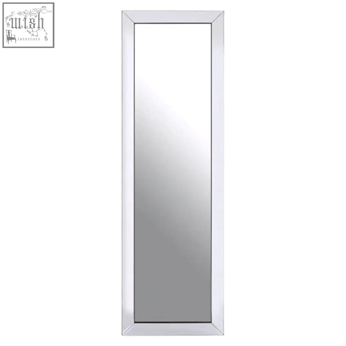 A velene tall floor standing mirror with a sleek white frame features bevelled corners for a minimalist look