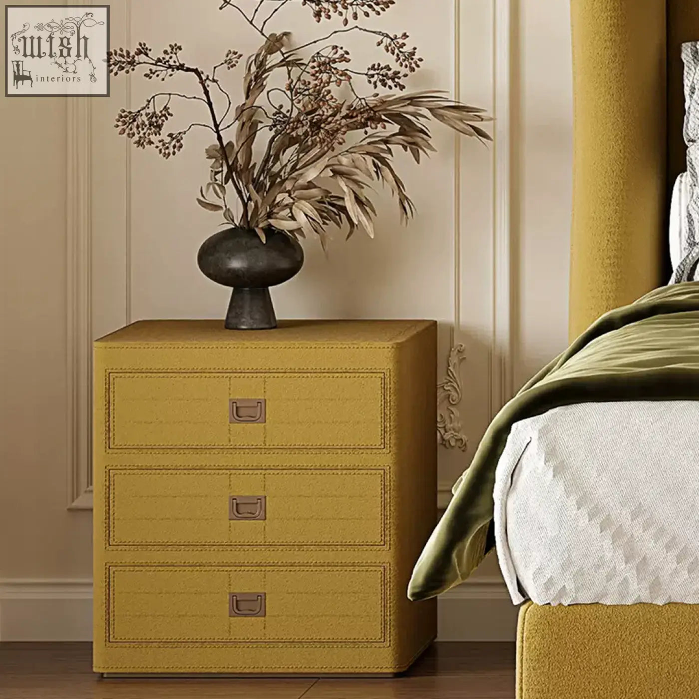 Mustard-yellow textured leather aveline bedside table with three drawers and metallic handles for stylish storage