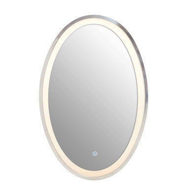 Avelino illuminated led silver oval mirror with a glowing led light ring and sleek silver frame for stylish decor
