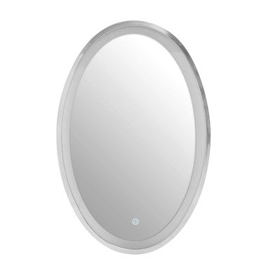 Avelino illuminated led silver oval mirror with a sleek silver frame and subtle led lighting along the edge