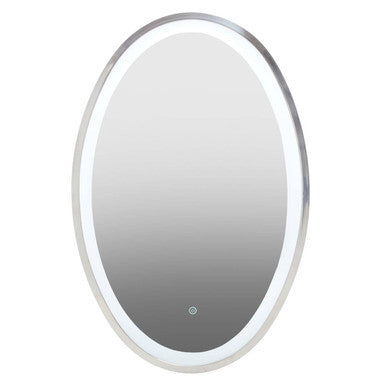 Avelino illuminated led silver oval mirror with sleek frame and integrated led lighting for bathroom use