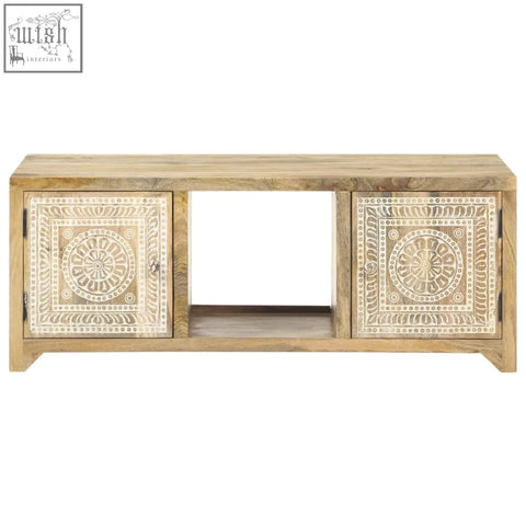 Hand carved media console with geometric patterns in natural light solid mango wood finish 90cm no assembly