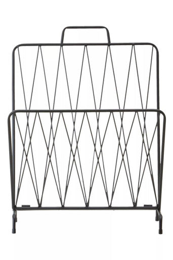 Avento black magazine rack made of black metal wire with handle and diamond pattern grid for stylish storage