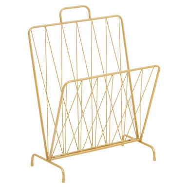Avento gold finish magazine rack with wire handle and geometric lattice design for stylish storage