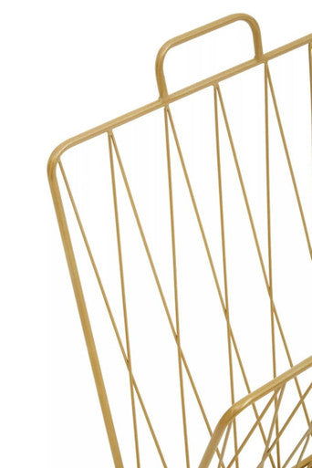 Avento gold finish magazine rack with a gold-colored wire frame and convenient handle for easy carrying