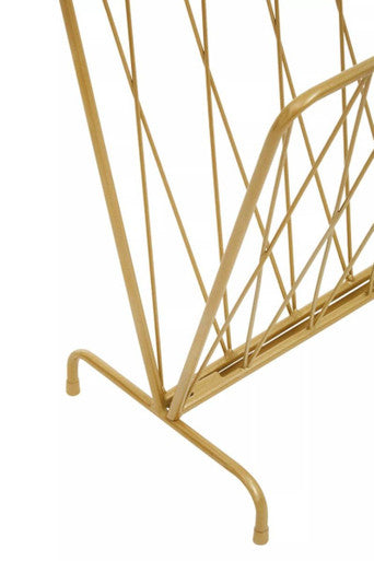Avento gold finish magazine rack featuring a gold-colored wire geometric lattice design for stylish storage