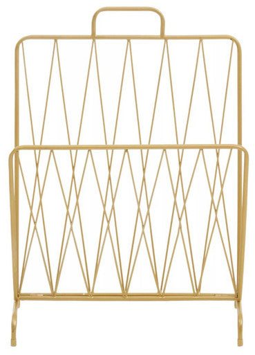 Avento gold finish magazine rack with wire handle and diagonal grid pattern for stylish magazine storage