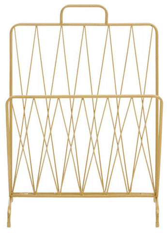 Avento gold finish magazine rack with wire handle and diagonal grid pattern for stylish magazine storage