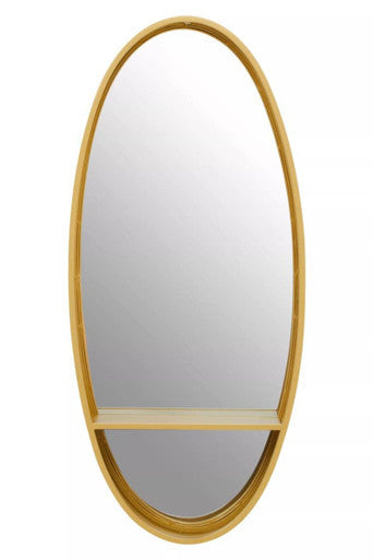 Avento gold oval wall mirror featuring a gold frame with a built-in wooden shelf below the oval wall mirror surface