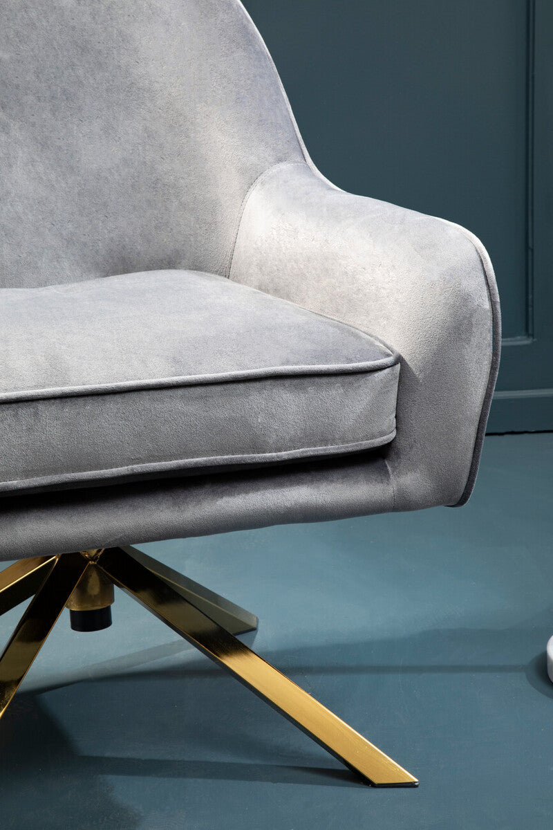 Avery grey velvet swivel chair with sleek modern design and polished gold-tone star-shaped base in grey velvet swivel style