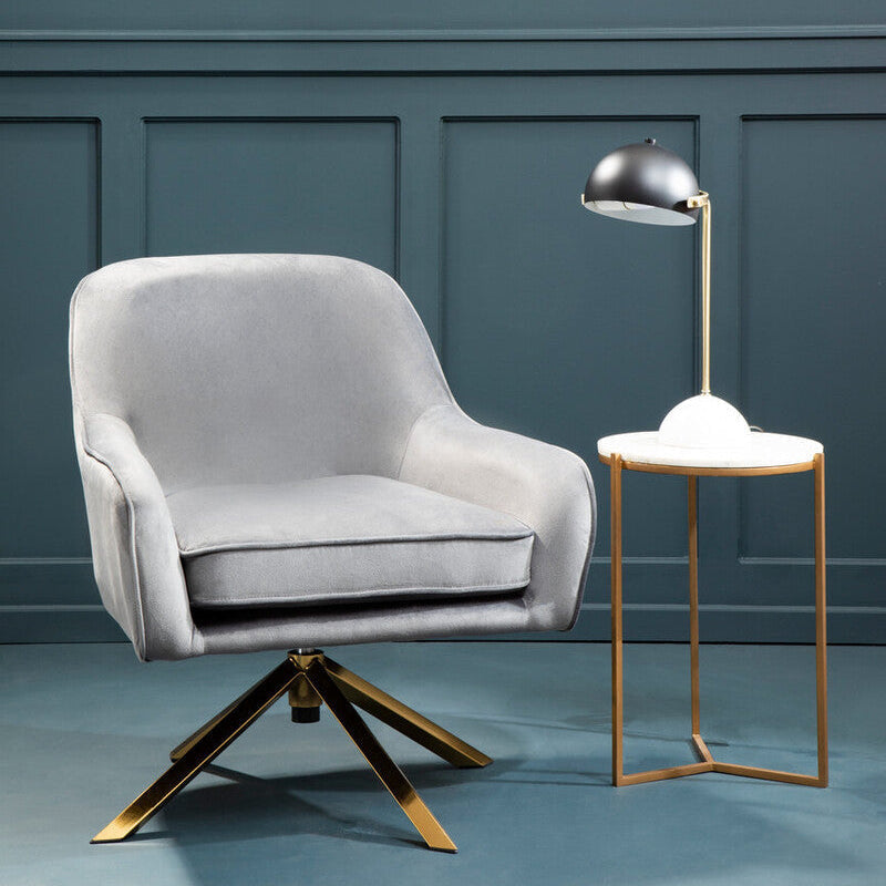 Avery grey velvet swivel chair with grey velvet swivel seat and gold-tone star-shaped base for stylish seating