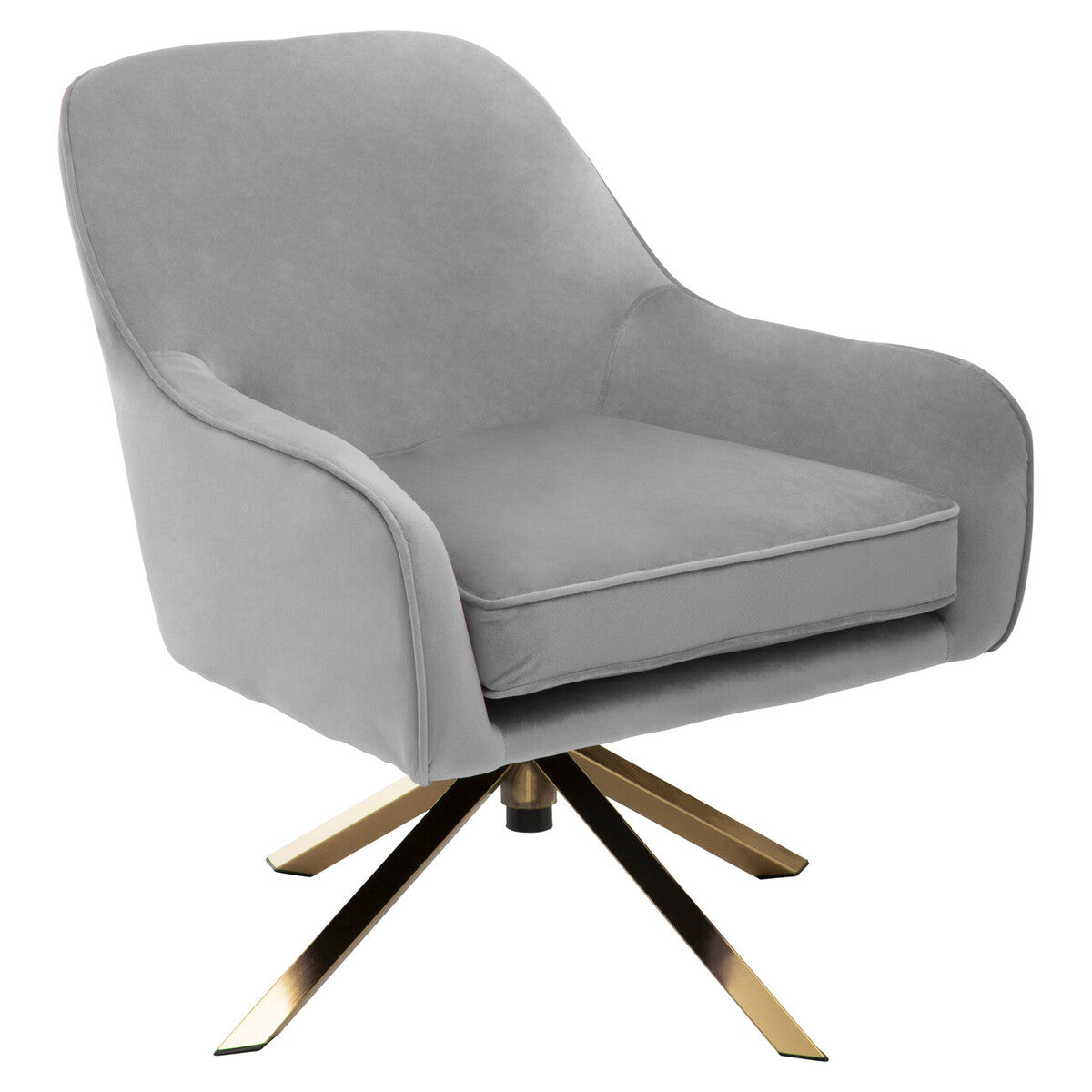 Avery grey velvet swivel chair with plush grey velvet upholstery and a gold-toned star swivel base