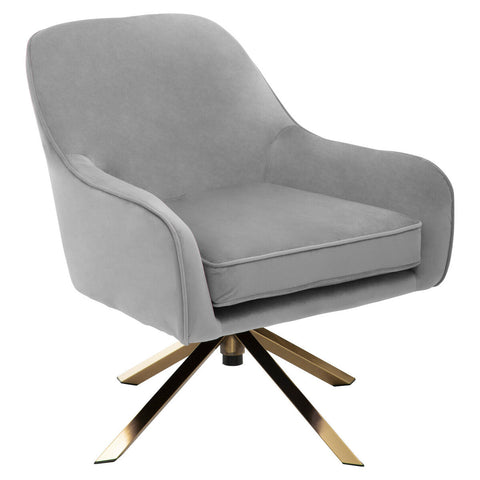 Avery grey velvet swivel chair with plush grey velvet upholstery and a gold-toned star swivel base