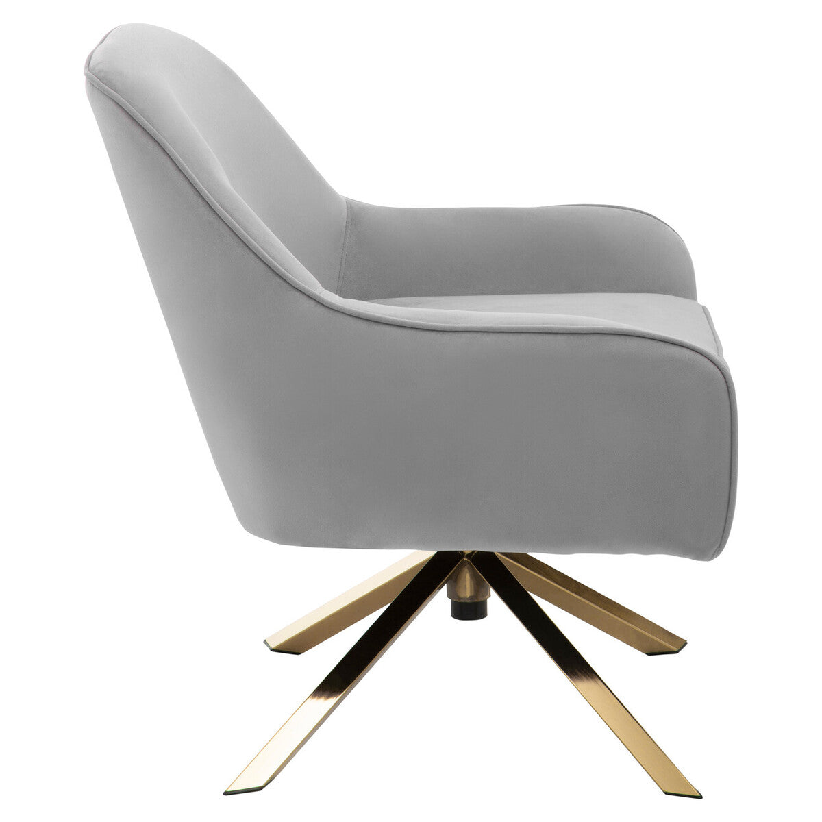 Avery grey velvet swivel chair with sleek modern design and gold toned metal base in grey velvet swivel style