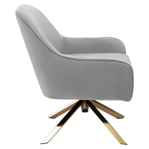 Avery grey velvet swivel chair with sleek modern design and gold toned metal base in grey velvet swivel style