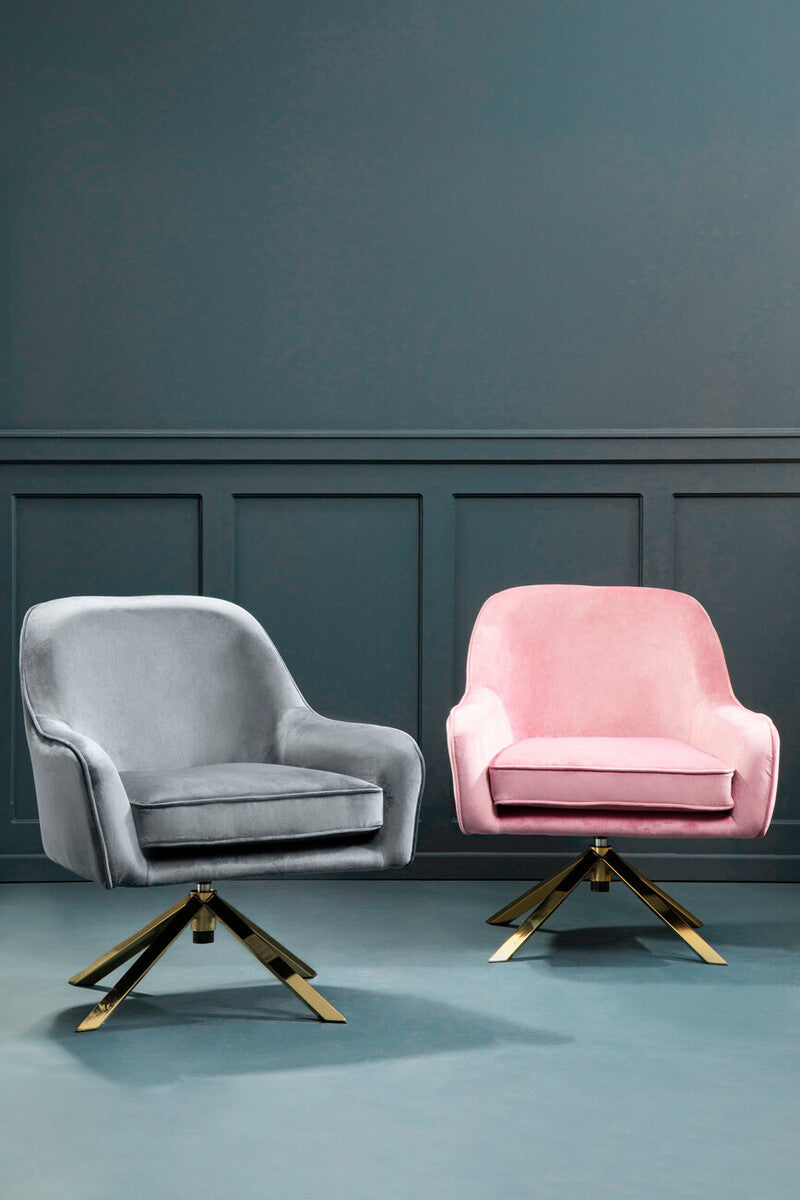 Avery grey velvet swivel chair in soft grey and pink velvet with a gold-tone star base velvet swivel chair