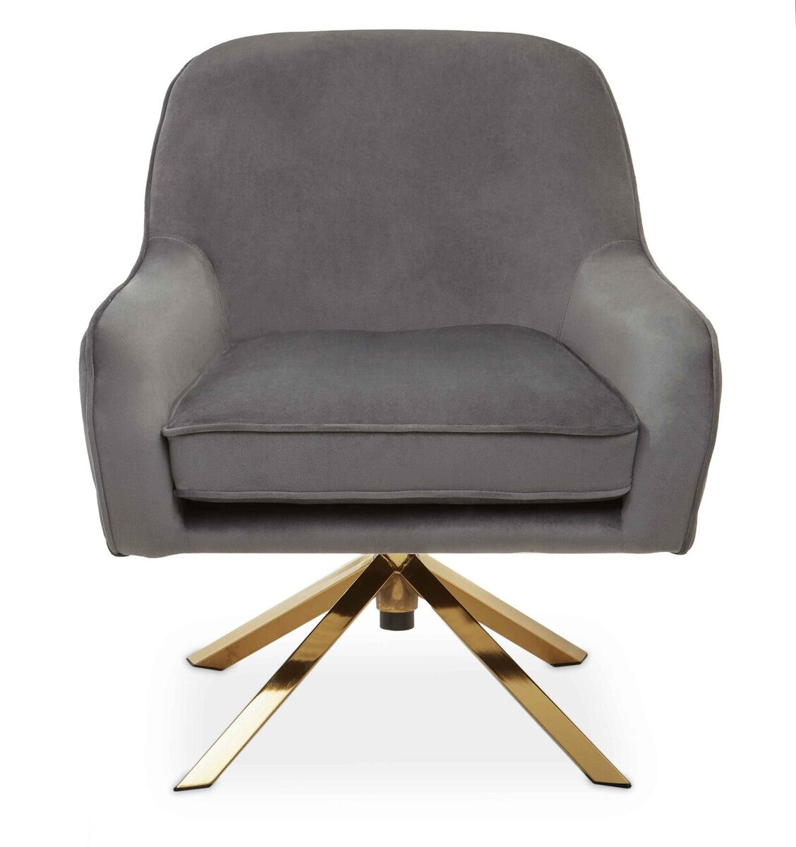 A sleek avery grey velvet swivel chair with a modern gold-tone metal base and soft grey velvet upholstery