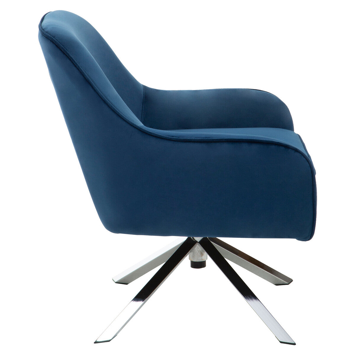 Deep blue midnight velvet swivel chair with sleek chrome star base for stylish modern seating