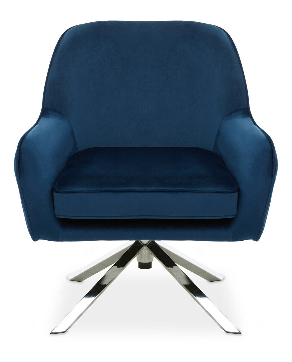 Deep blue midnight velvet swivel chair with sleek chrome star base perfect for stylish seating