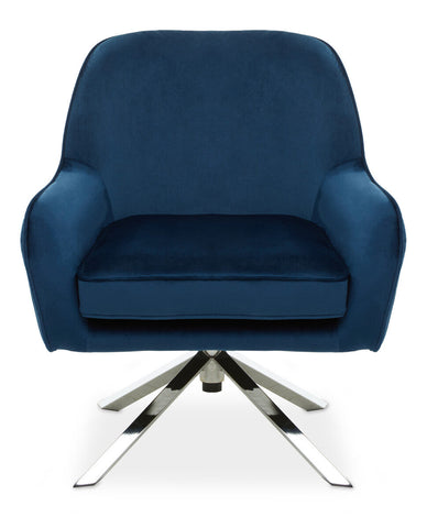 Deep blue midnight velvet swivel chair with sleek chrome star base perfect for stylish seating