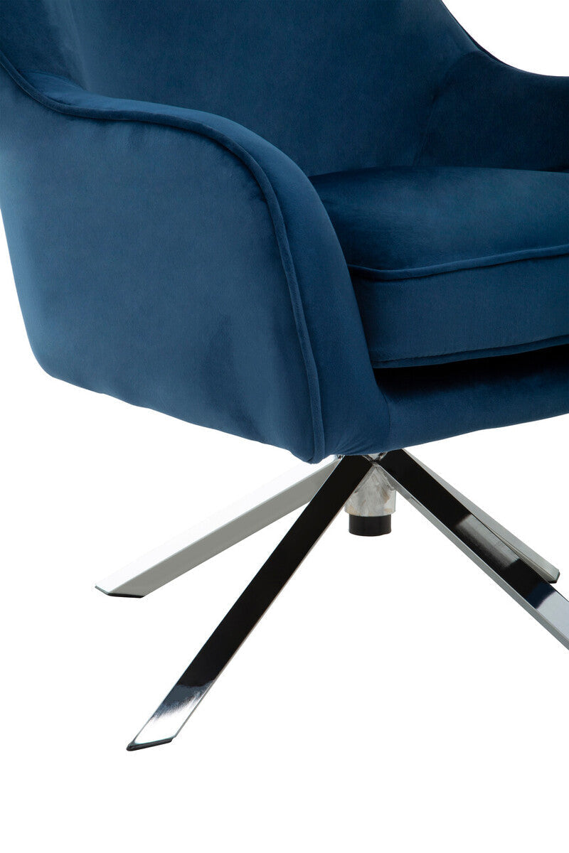 Avery midnight velvet swivel chair in deep blue velvet with a sleek chrome star base perfect for stylish seating