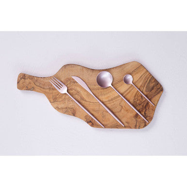 Olive wood cutting board shaped like a wine bottle with integrated silver utensils and matte pink finish cutlery set