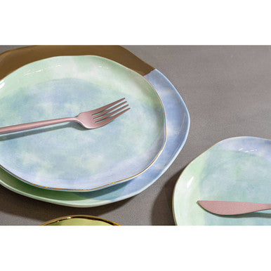 Pastel blue and green watercolor ceramic plates with gold rims paired with avie matte pink finish cutlery set