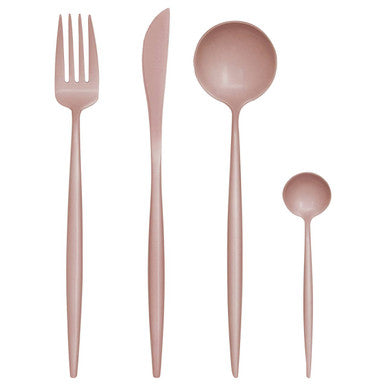 Rose gold matte pink finish cutlery set with fork knife large and small spoons sleek modern design avie 16 piece