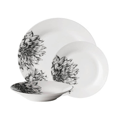 White ceramic dinner set with elegant black floral designs perfect for stylish botanic 12-piece dinner use