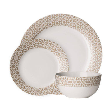 Beige and white ceramic natural dinner set with delicate geometric pattern rim avie casablanca 12 piece dinner set