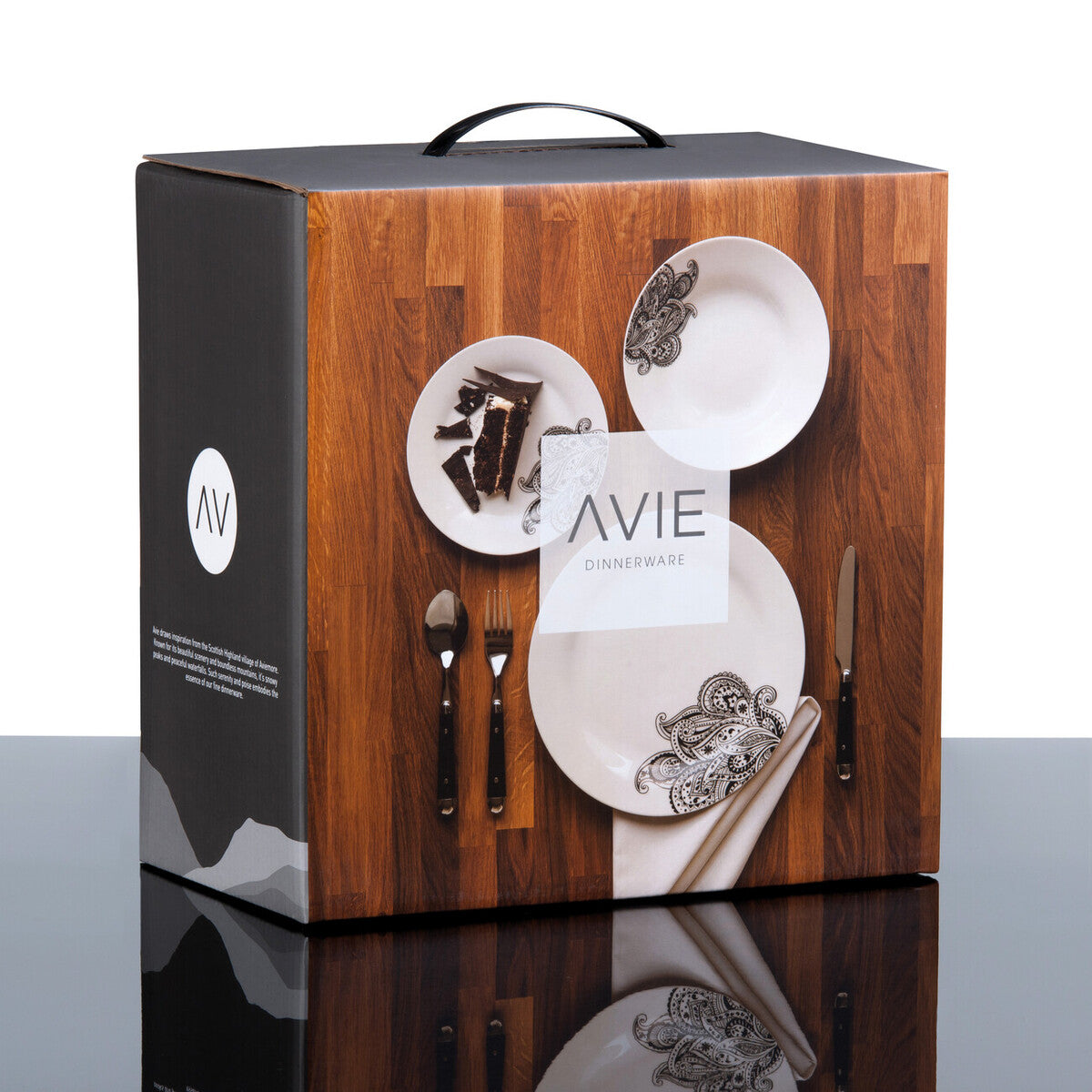 Avie prince 12 piece black dinner set with white paisley plates and matching cutlery in sleek black wood grain box