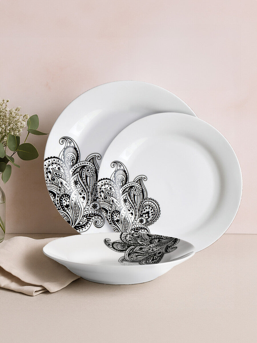 White ceramic Avie Prince 12 piece dinner set with intricate black paisley rims perfect black dinner set