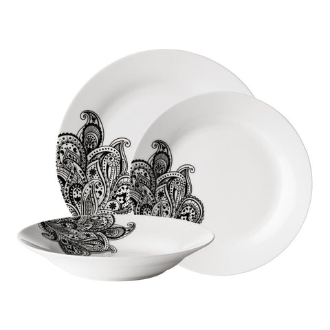 White ceramic avie prince 12 piece dinner set with intricate black paisley patterns perfect for stylish dining