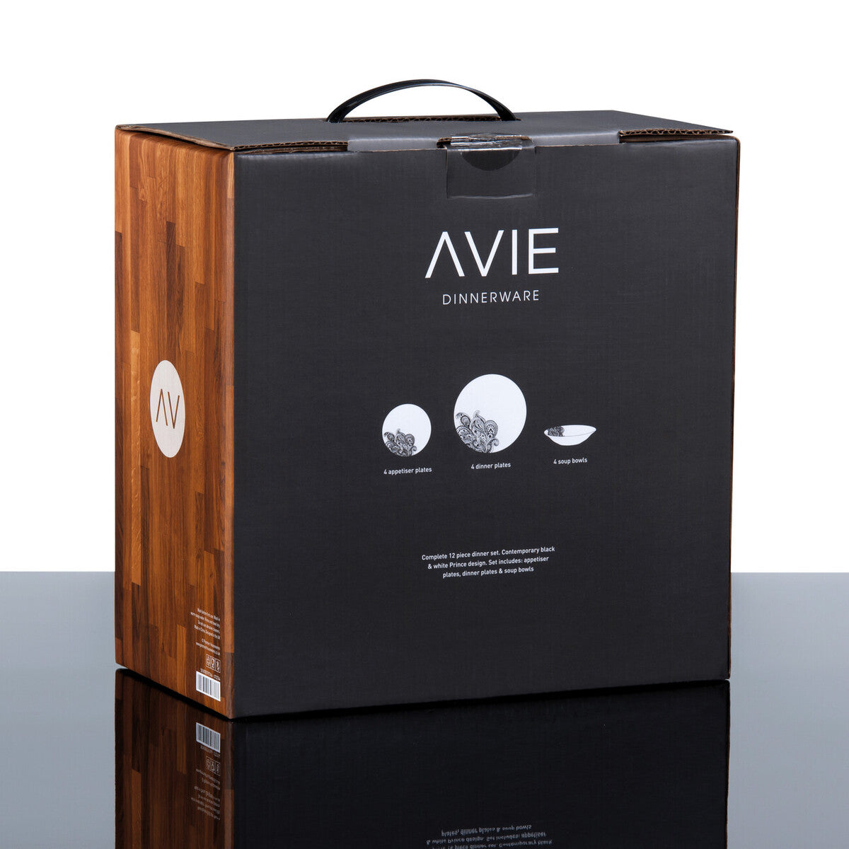 Black and wood-grain cardboard box with handle for avie prince 12 piece black dinner set packaging