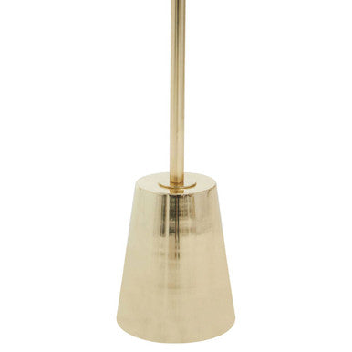 Gold-colored cylindrical metal toilet brush holder with sleek tapered design complements gold base and black marble effect style