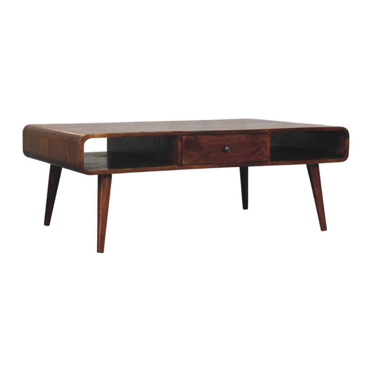 Mid-century modern avora coffee table with rich chestnut finish tapered legs and two drawers for living room storage