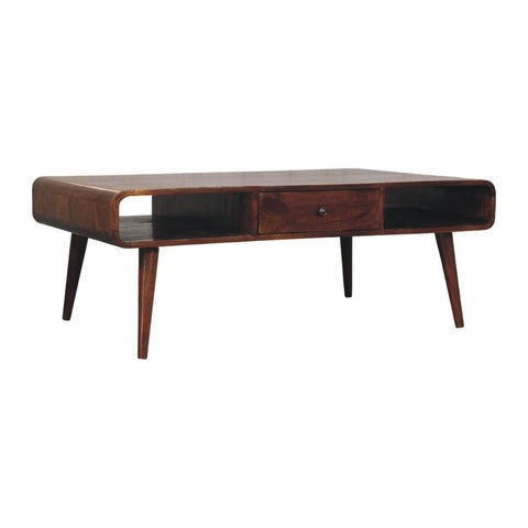 Mid-century modern avora coffee table with rich chestnut finish tapered legs and two drawers for living room storage
