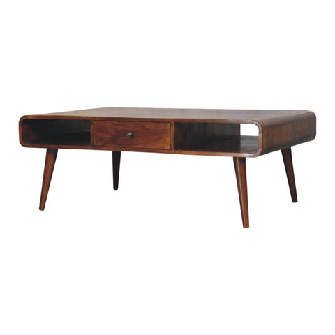 Avora 2-drawer chestnut coffee table with rich brown wood finish, sleek curved edges, and tapered legs for living room