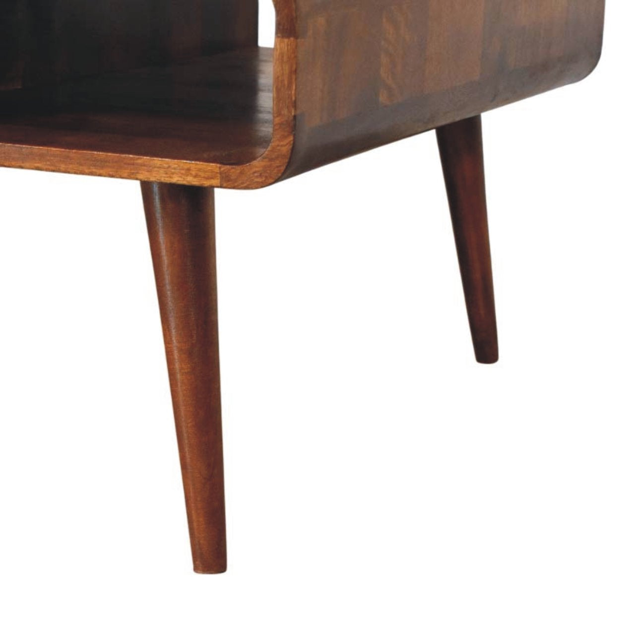 Mid-century modern avora drawer chestnut coffee table with tapered legs and curved dark brown wood finish for living room