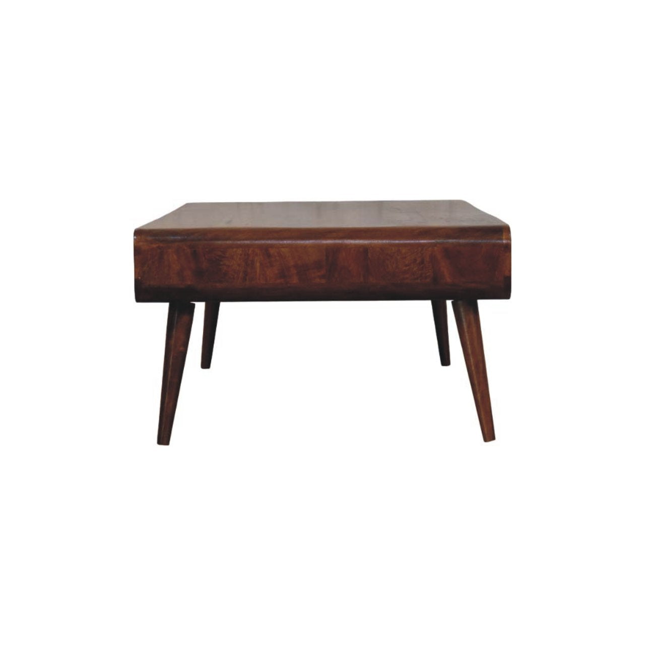 A sleek dark brown wooden avora 2-drawer chestnut coffee table with tapered legs perfect for your living room