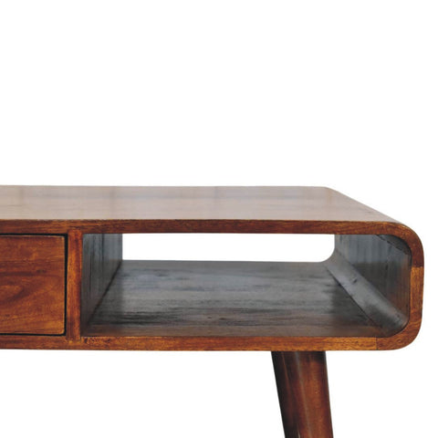 Avora 2-drawer chestnut coffee table with sleek walnut wood finish and curved edges for stylish living room use