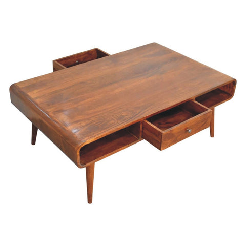 Avora 2-drawer chestnut coffee table made of polished walnut wood with tapered legs for a stylish living room