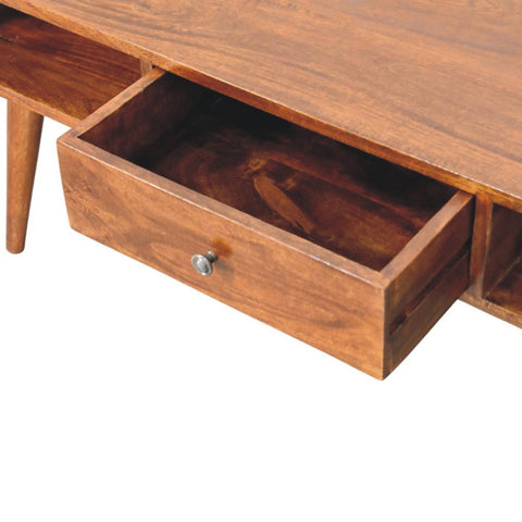 Avora 2-drawer chestnut coffee table with warm brown wood and silver knob drawer perfect for living room use