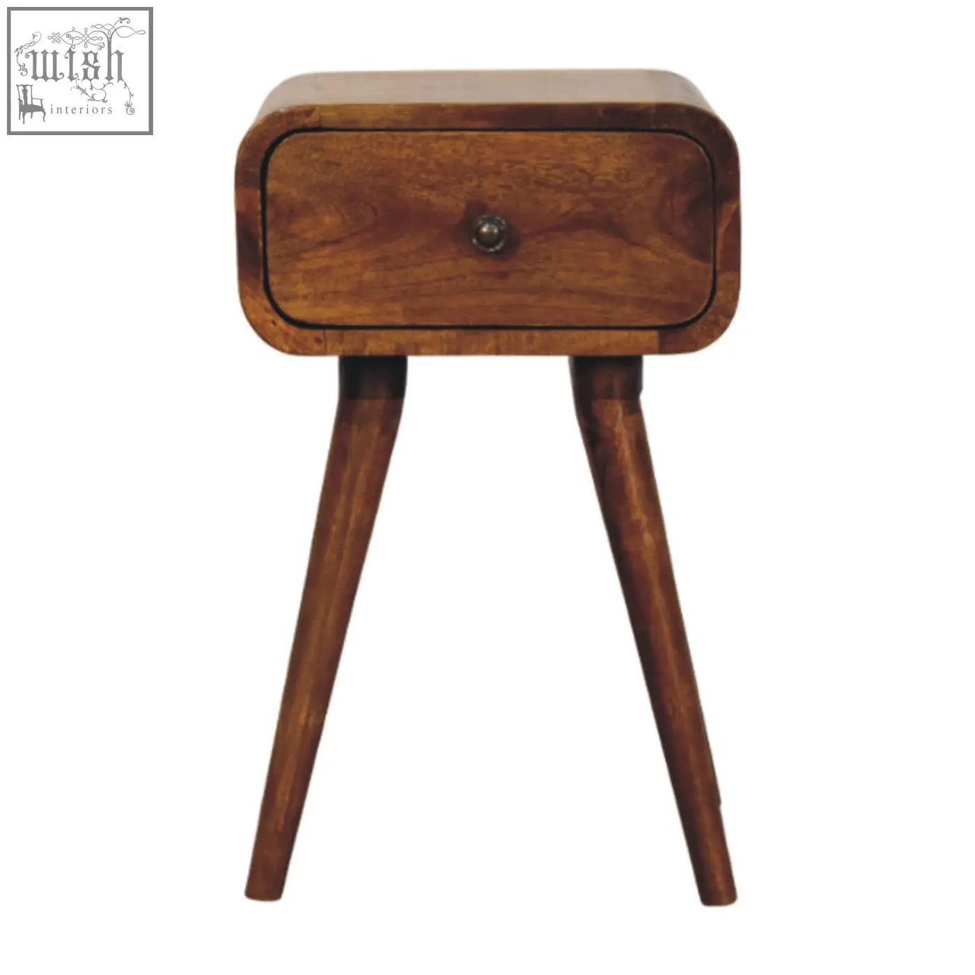 Avora mini chestnut nightstand with 1 drawer made of solid mango wood featuring tapered legs and mid-century style