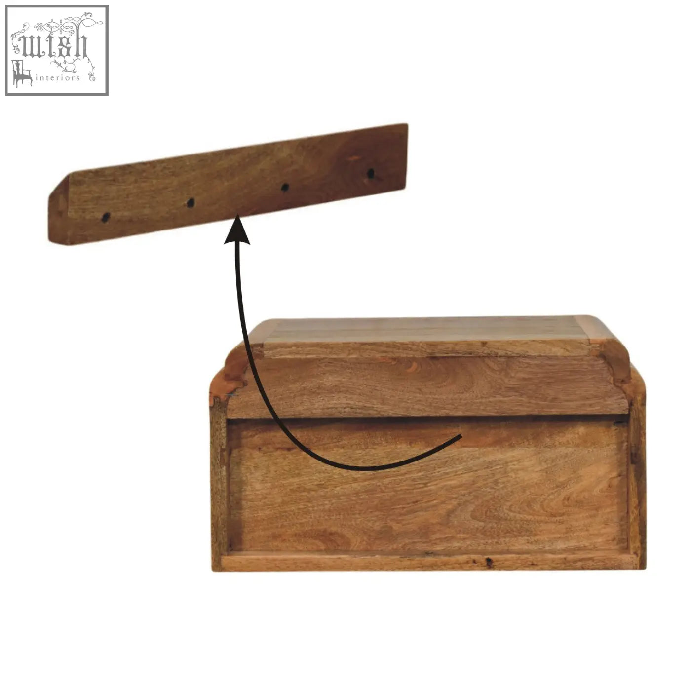 A rustic natural mango wood avora wall mounted bread box with hinged lid and matching wall mounted bedside rack