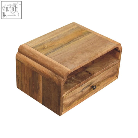 Rustic wooden avora wall mounted bedside table with single drawer made of natural mango wood