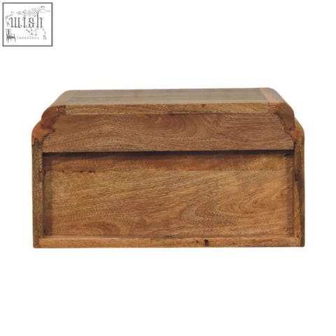 Avora wall mounted bedside table made of natural mango wood with a rustic wooden bread box design and warm finish
