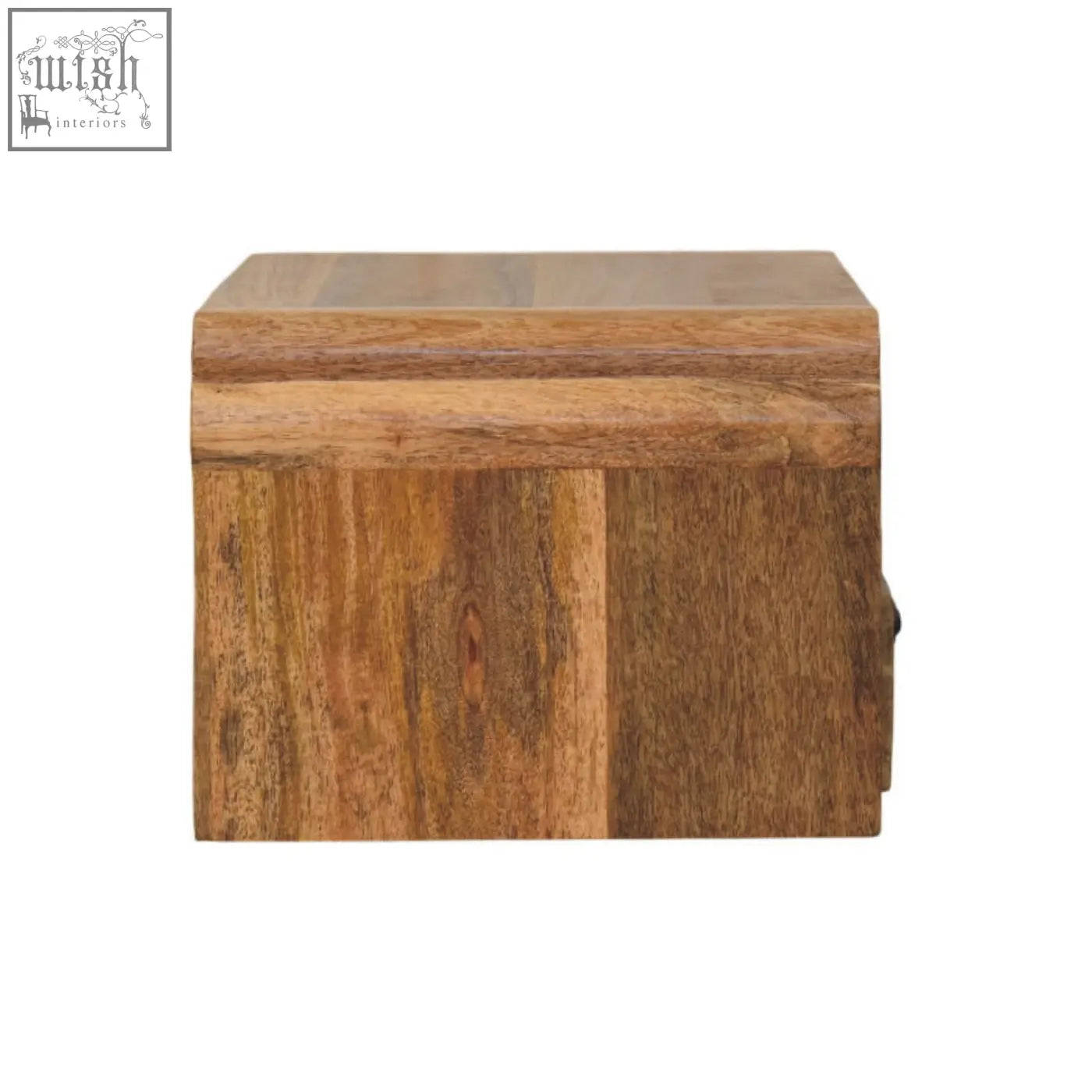 A rustic avora wall mounted bedside table made from natural mango wood with a warm brown finish and visible grain patterns