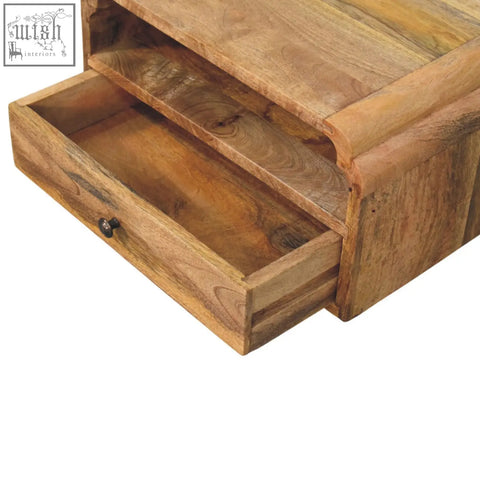 Avora wall mounted bedside table with rustic natural mango wood desk organizer and dark metal drawer knob