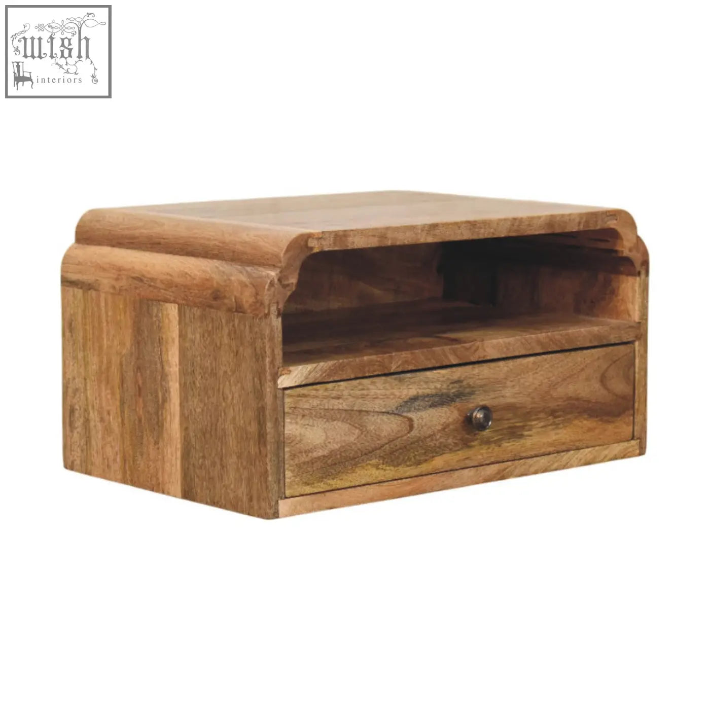 A rustic avora wall mounted bedside table in natural mango wood with a curved top drawer and open shelf